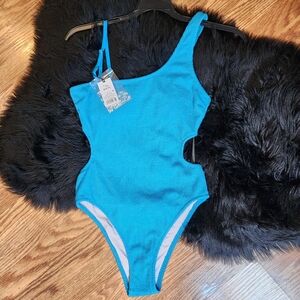NWT Vibrant Textured Blue One-Shoulder With Side Cutouts Swimsuit Womens Size M